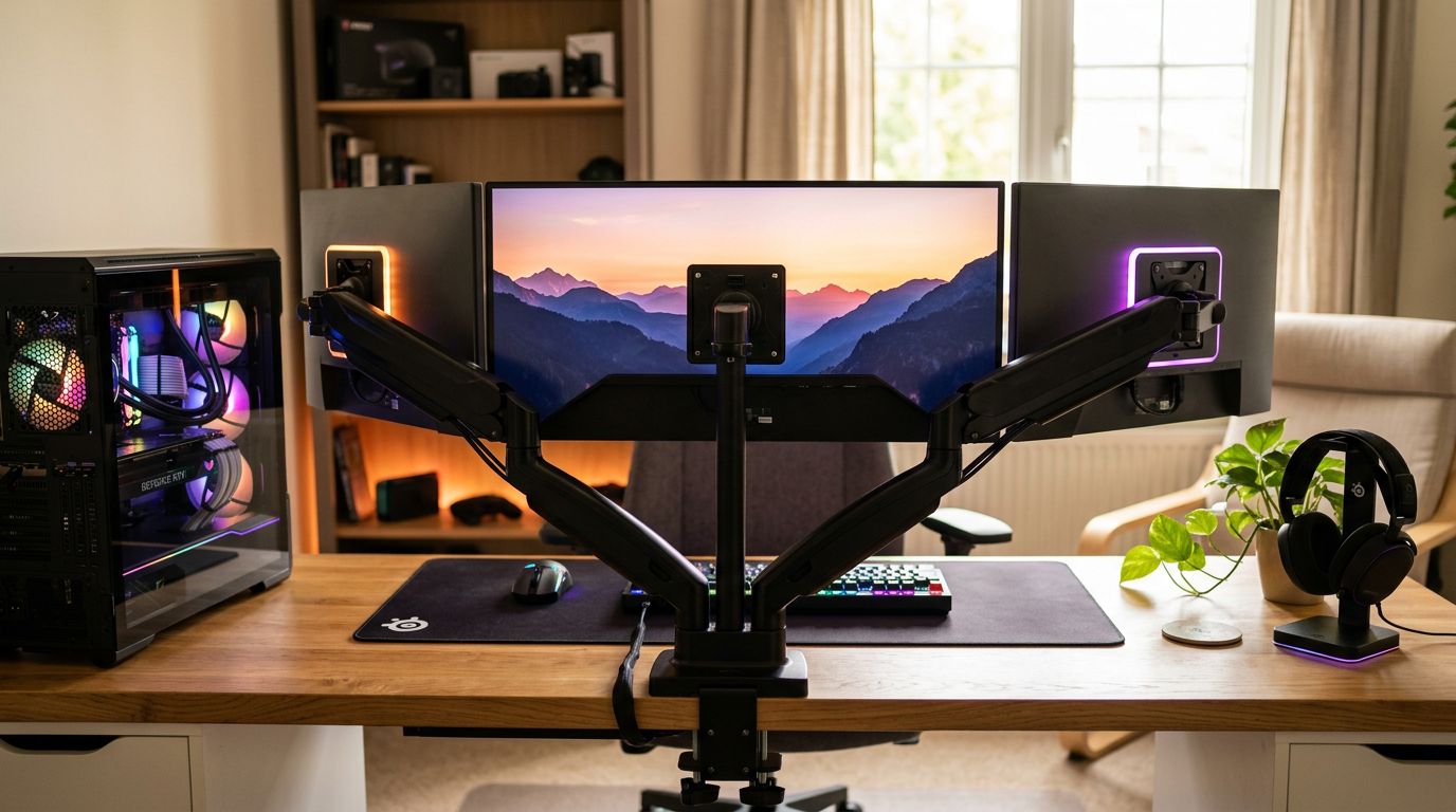 ขาตั้งจอ 3 จอ ต้องเตรียมอะไรบ้างถึงจะจัดโต๊ะ multi-monitor ได้เสถียร ไม่โยกคลอนระหว่างใช้งาน