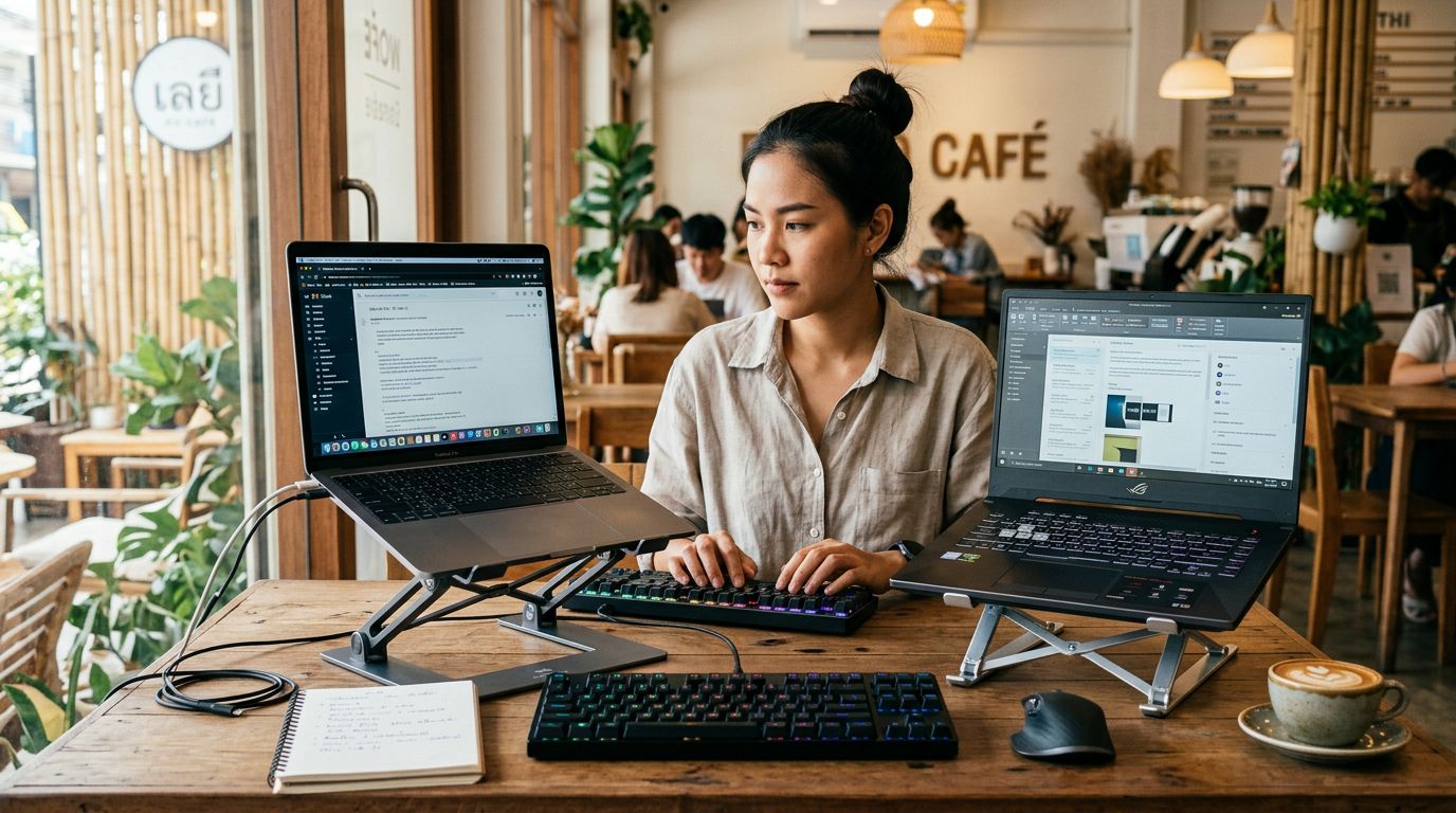 ขาตั้งโน้ตบุ๊ก WFH แบบปรับระดับได้ vs แบบพับเก็บ เทียบให้ชัดก่อนจ่ายเงิน